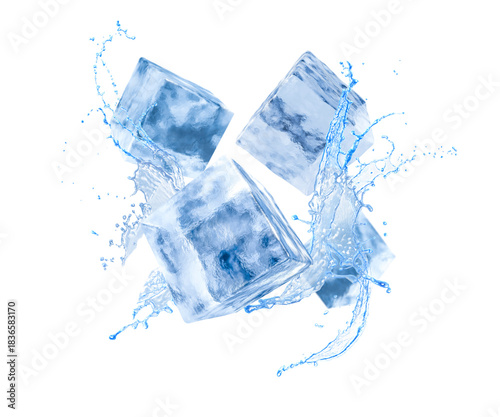 Ice cubes and splash of water in air on white background