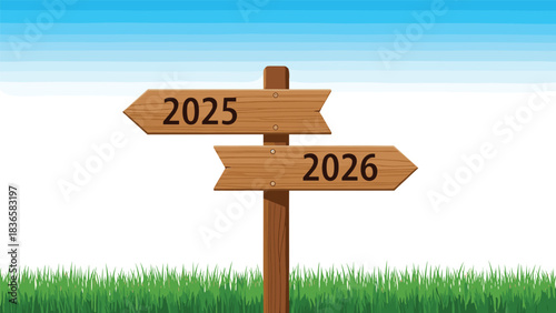 Planning for the future with a wooden directional sign pointing to 2025 and 2026 against a bright blue sky