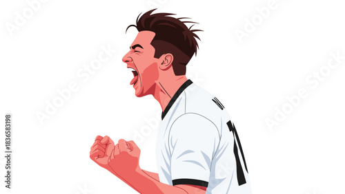 Dynamic athlete celebrates victorious moment with passionate shout and clenched fists isolated on white background
