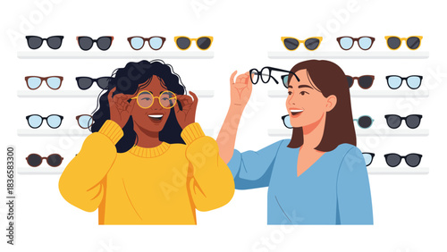 Stylish friends happily shopping for new glasses at optician, trying on frames and smiling in bright modern store