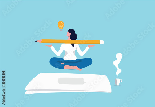 Writer inspiration, blogger, copywriter or journalist creativity concept, young woman writer meditate on blank paper and holding big pencil thinking about idea to write in her blog or journal.