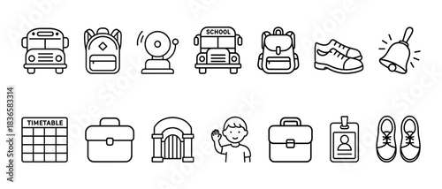 School icon set: bus, backpack, bell, shoes, child, id, timetable