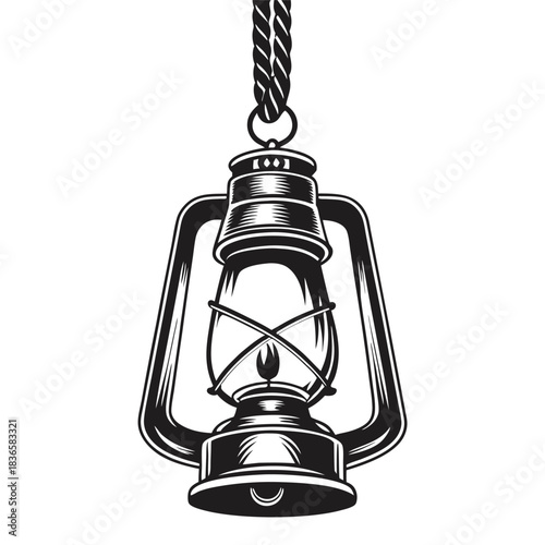 Detailed Monochrome of Vintage Kerosene Lantern Hanging from Rope