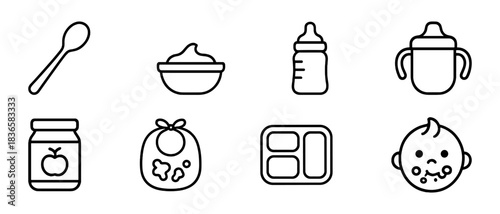 Outlined icons of baby feeding essentials: spoon, bowl, bottles, bib, jar, tray, face