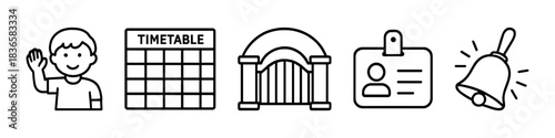 School elements: student, timetable, entrance, identification, bell icons