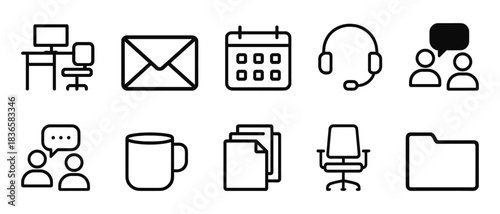 Office icons: desk, envelope, calendar, headset, speech bubble, mug, documents, chair, folder