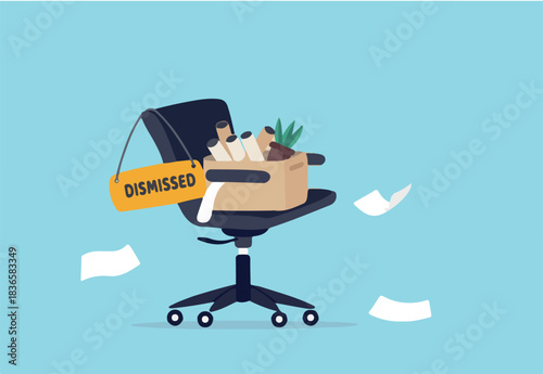 Dismissed staff, lay off or unemployed employee, losing job or being fired, retired staff, quit or resign from job position concept, office chair with package and dismissal sign.