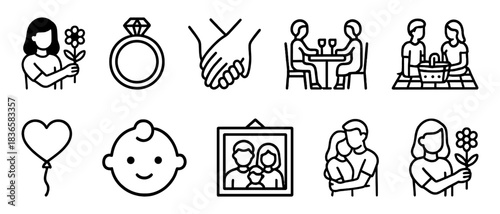 Outline icons of love and relationships featuring couples, rings, and family