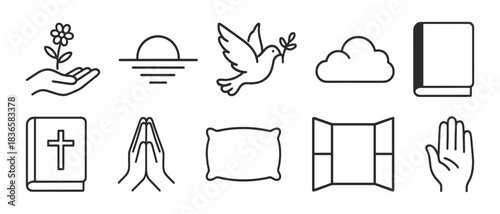 Minimalist icons: peace dove, prayer hands, bible, and nature symbols
