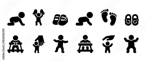 Baby development icons illustrating crawling, walking, and growth milestones