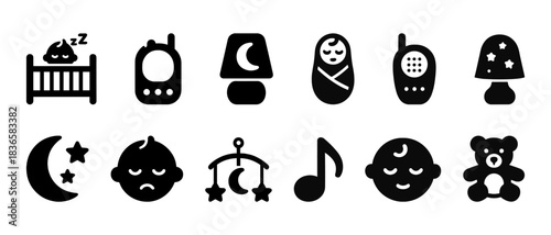 Baby sleep icons: crib, monitor, lamp, mobile, teddy bear, moon, music notes