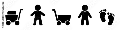 Baby icons: stroller, child, pram, footprints silhouettes