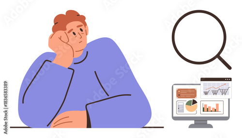 Thoughtful individual sitting near charts on a computer and a magnifying glass. Ideal for analysis, research, strategy, planning, data management, productivity, or focus. A simple flat metaphor