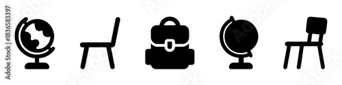 Collection of education icons: globe, chair, backpack, silhouette style