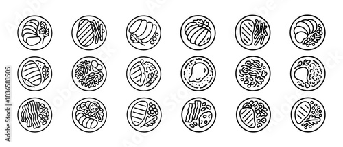 Assorted doodle style food icons: bread, croissant, sushi, pancake