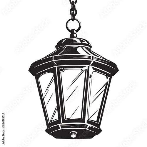 Detailed Monochrome of a Vintage Style Hanging Lantern with Chain