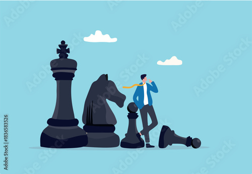 Strategic thinking to win business competition, marketing strategy or planning to make decisions, challenge or problem solving concept, contemplation businessman thinking with chess pieces