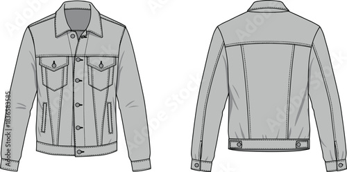 Cad drawing flat vector illustration of detailed denim jacket fashion technical sketch with front and back views for apparel design