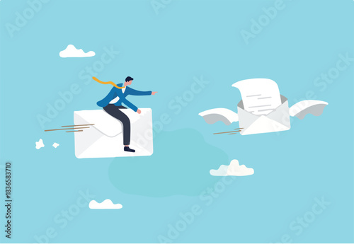 Follow up email sending message to confirm important project, ensure progress or tracking project status, communicate plan concept, businessman riding flying follow up email envelope.