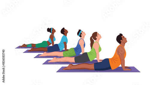 Diverse group practicing upward-facing dog pose for fitness and wellness, perfect for health blogs and mindful lifestyle brands