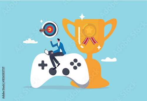 Gamification, marketing strategy for customer to achieve target and win the prize, reward or challenge to keep customer engagement concept, man with computer laptop on game joystick with trophy award.