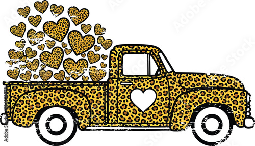 Leopard Print Truck Hearts Design Graphic Illustration Transportation Vehicle Car Symbol Decorative Element Love Theme Expression Isolated on Transparent