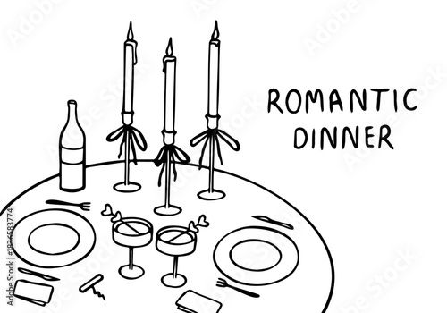 Poster, banner or sign for a romantic candle-lit dinner. Drawing for wedding invitations, cafe menus and parties. Hand-drawn illustrations