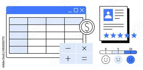 Spreadsheet interface with currency symbol, calculator buttons, rating stars, and feedback scale. Ideal for finance, budgeting, data analysis, customer feedback, accounting reporting and planning