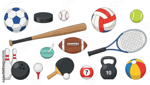 A collection of various sports equipment, including balls for soccer, baseball, volleyball, football, tennis, and bowling, along with a baseball bat, tennis racket, ping pong paddle, hockey puck,