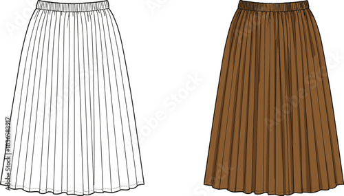 Women's Pleated Midi Skirt Fashion Flat Sketch with Elastic Waistband, Apparel Design - CAD Drawing Flat Vector Illustration