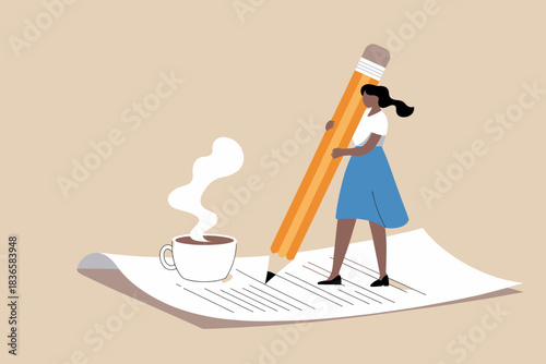 Woman writing with giant pencil next to steaming cup of coffee on paper