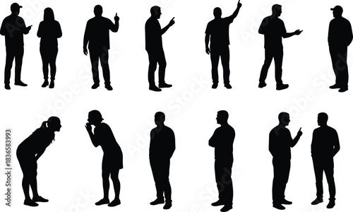 cad drawing flat vector illustration, silhouette people interaction poses collection showing communication gestures and standing positions for creative design, advertising, presentations