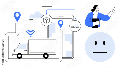 Logistics, delivery services, supply chain management, GPS technology, inventory monitoring, customer feedback. Truck with GPS icons and devices. Logistics and delivery services concept