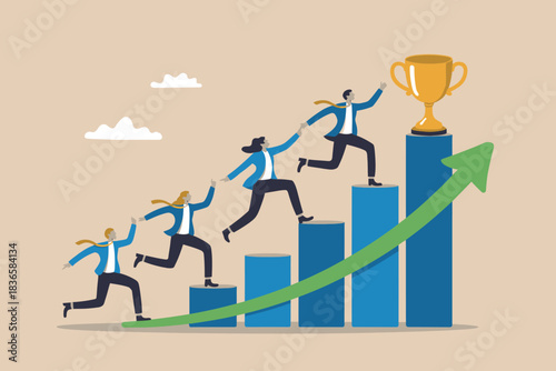 Business team running up graph towards trophy symbolizing success and achievement
