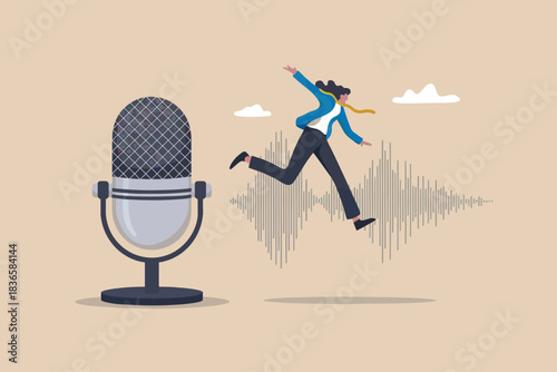 Man running near microphone and sound wave graphic, podcasting concept illustration