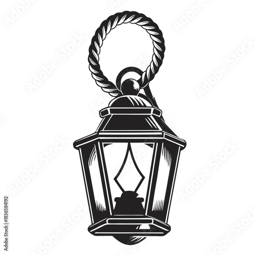 Isolated Black & White Lantern with Rope Handle, Vintage Style