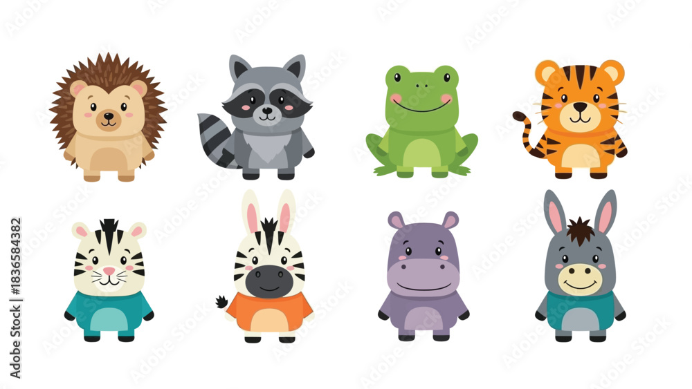 Obraz premium A collection of eight adorable and stylized cartoon animals, including a hedgehog, raccoon, frog, tiger, zebra, hippopotamus, and donkey, are displayed against a white background, each with a unique