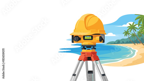 Professional surveying equipment with hard hat set up near a stunning tropical beach paradise for coastal development