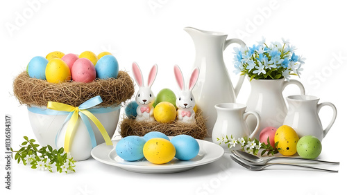 Easter display with colorful eggs bunnies and white pitchers arranged on a white background