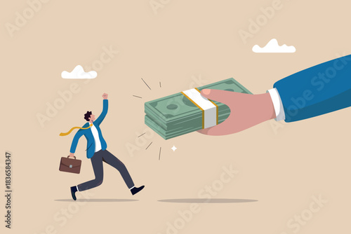 Businessman happily receives a large stack of money from a hand