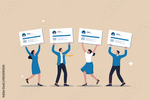 Four people hold up screens showing profile cards in a business concept.