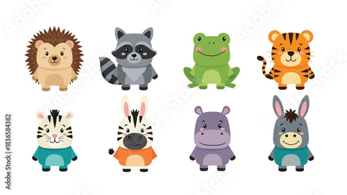 A collection of eight adorable and stylized cartoon animals, including a hedgehog, raccoon, frog, tiger, zebra, hippopotamus, and donkey, are displayed against a white background, each with a unique