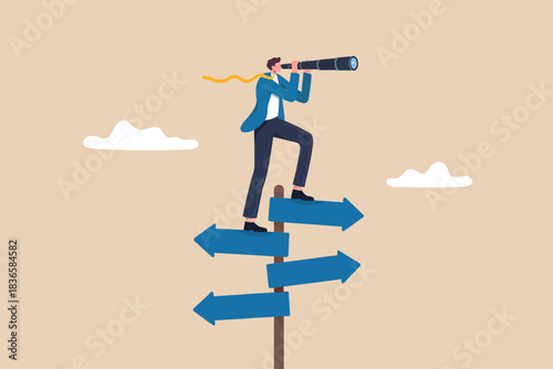 Man with telescope on signpost with arrows, looking for future direction