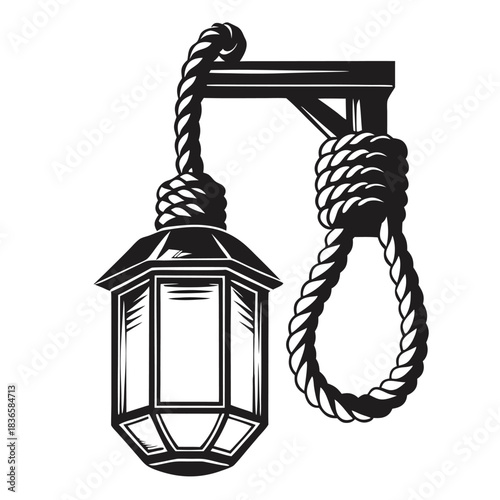 Lantern with Rope Silhouette Twisted Thick Rope and Vintage Lantern on Wood Mount