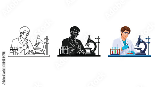 Set of three scientist or chemist illustrations in different styles working with laboratory equipment like microscope and test tube