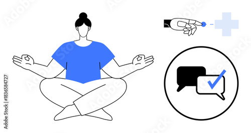 Meditation pose combines with chat symbols, healthcare cross, and robotic hand interacting with technology. Ideal for wellness, AI, healthcare, communication, mindfulness, meditation simplicity