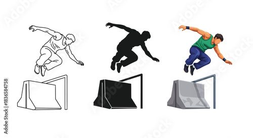Set of three illustrations showing a man performing a parkour vault over a concrete barrier in outline, silhouette and color versions