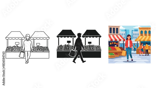 Collection of three different style illustrations depicting a person shopping at an outdoor farmers market stall with fresh produce display