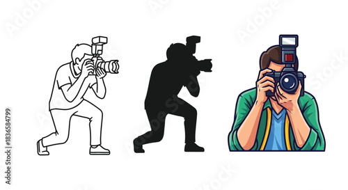 Collection of three photographer icons showing a person taking a picture with a camera and flash