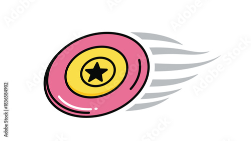 A pink frisbee with a yellow center and black star is depicted in motion against a white background, with stylized gray motion lines trailing behind it.